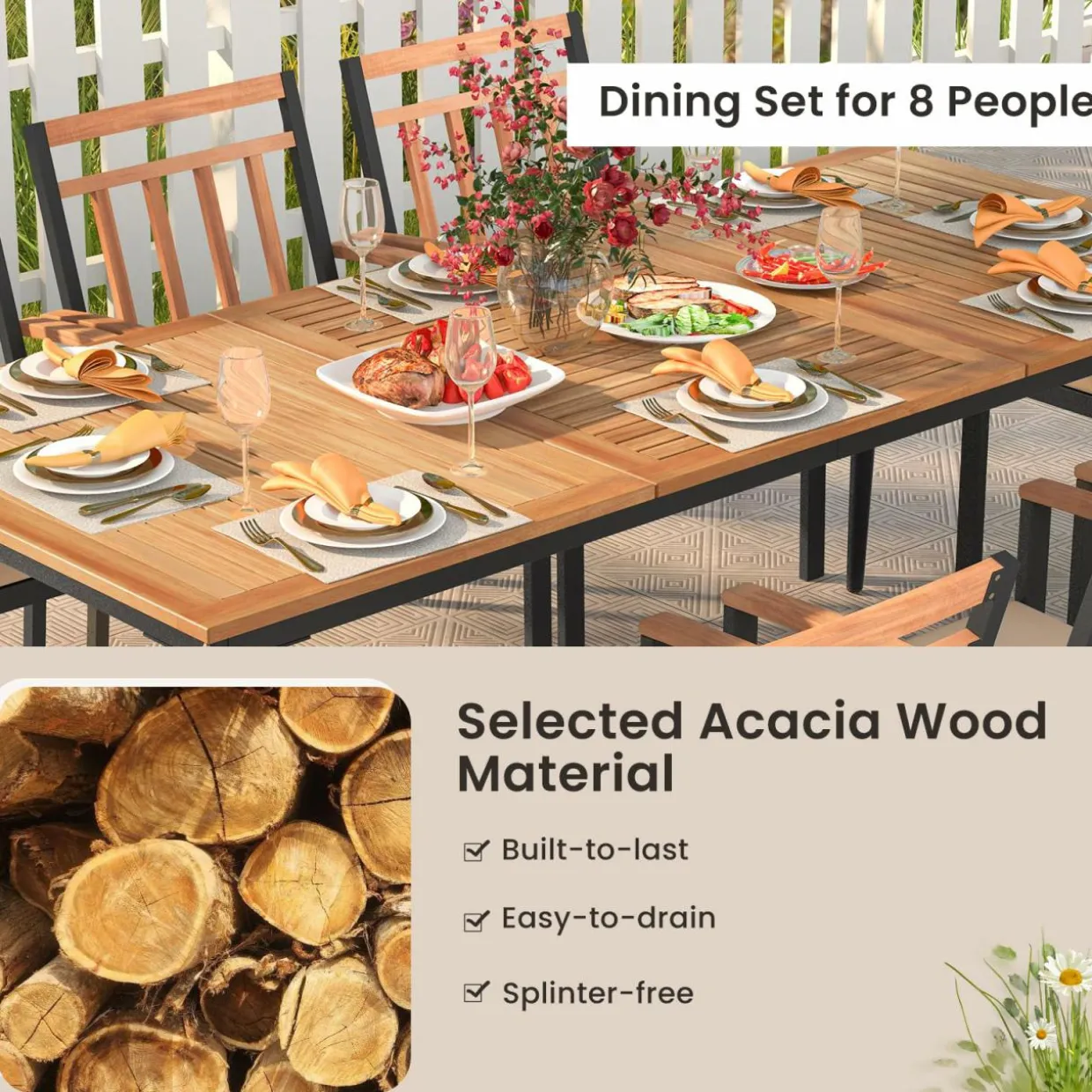 Tangkula 9-Piece Patio Dining Set, 79" Rectangle Dining Tables with 8 Wooden Armchairs