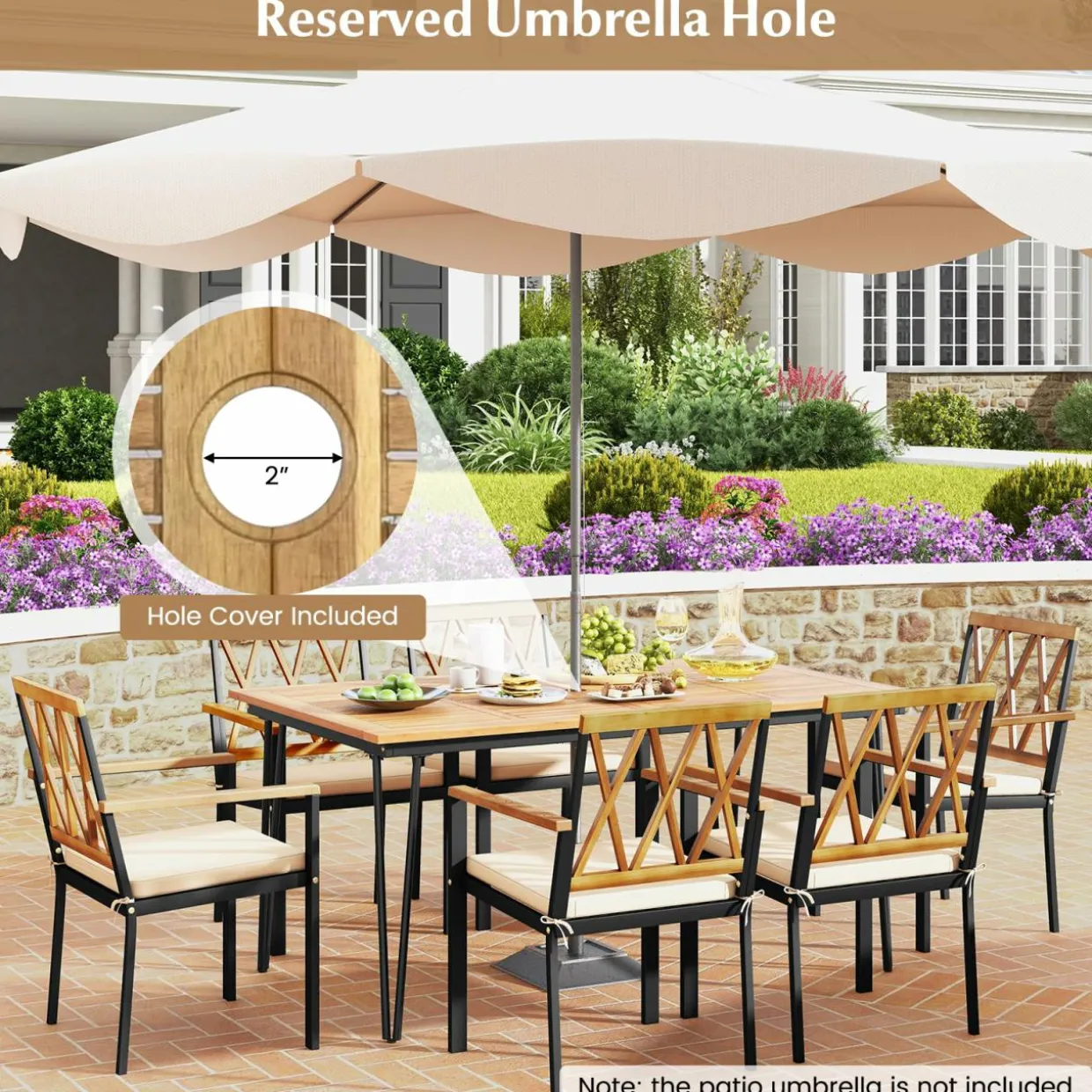 Tangkula 7-Piece Patio Dining Set, Acacia Wood Outdoor Furniture Set with 2” Umbrella Hole and Seat Cushions