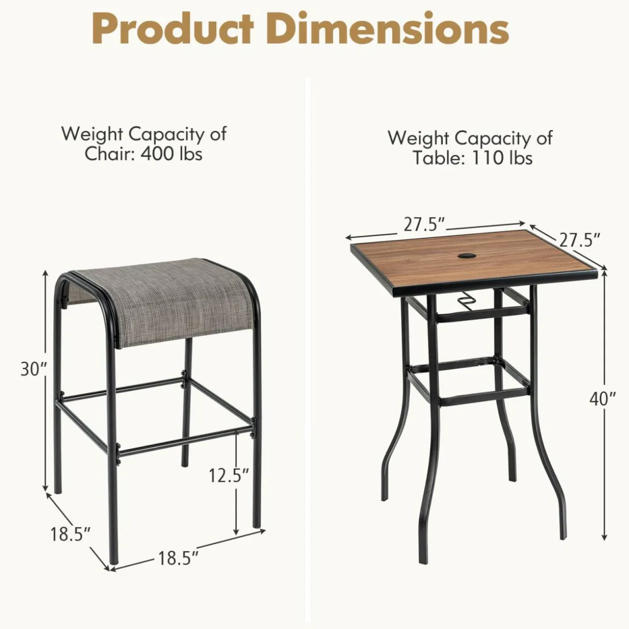 Tangkula 5-Piece Patio Dining Set, Outdoor 27.5" Bar Height Table & 4 30" Barstools w/Umbrella Hole