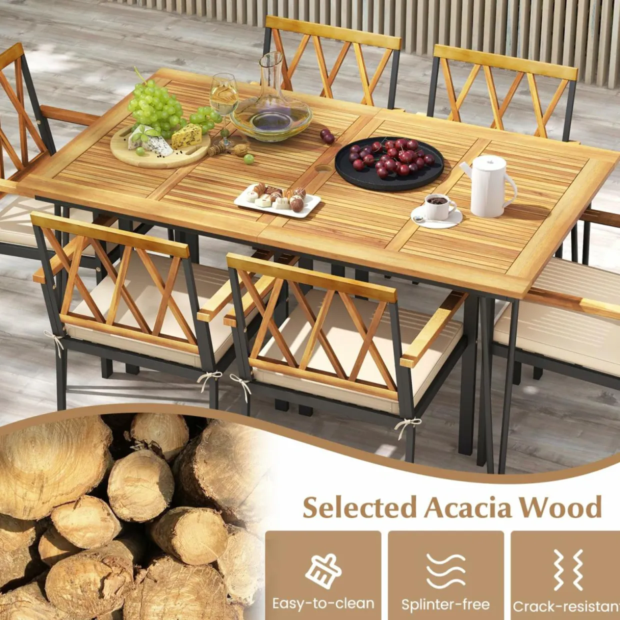 Tangkula 7-Piece Patio Dining Set, Acacia Wood Outdoor Furniture Set with 2” Umbrella Hole and Seat Cushions
