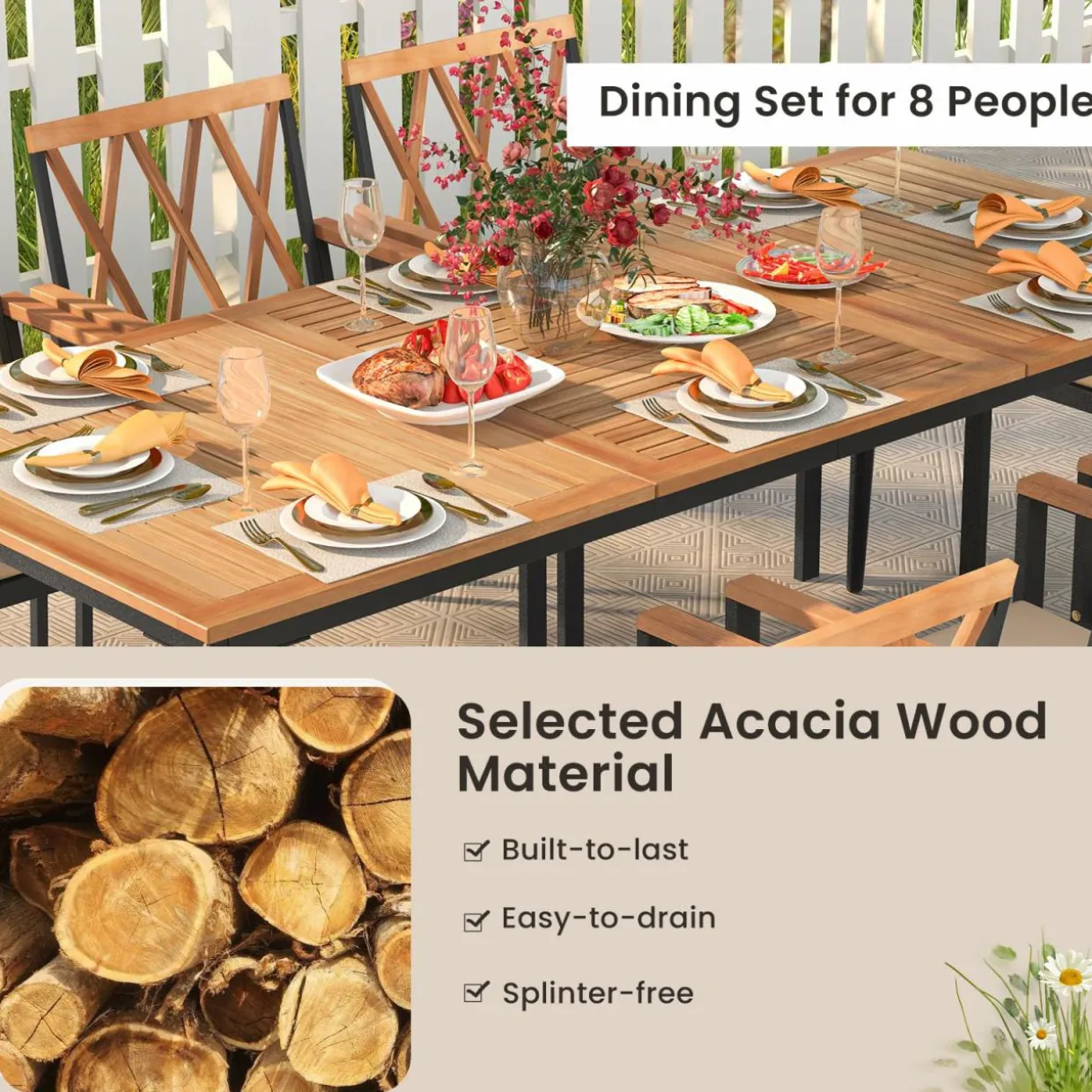 Tangkula 9-Piece Patio Dining Set, Outdoor Acacia Wood Dining Table with 1.9" Umbrella Hole& 8 Dining Chairs with Cross Hollow Back and Seat Cushions