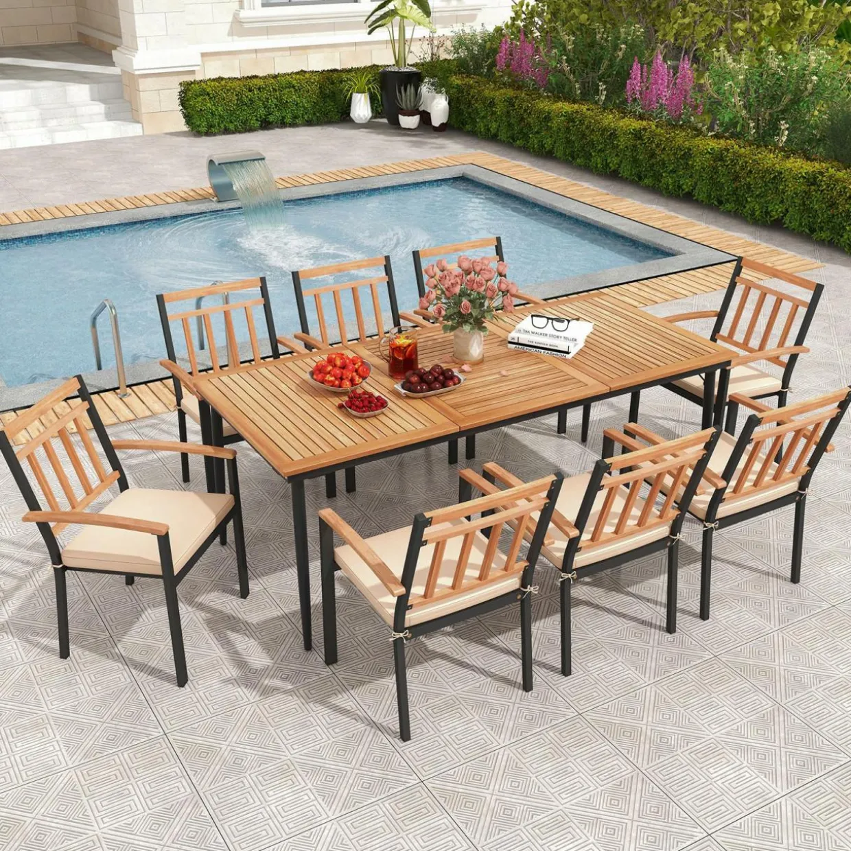 Tangkula 9-Piece Patio Dining Set, 79" Rectangle Dining Tables with 8 Wooden Armchairs