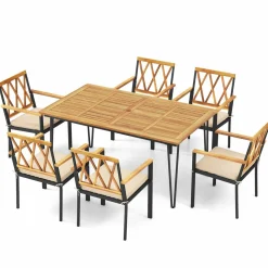 Tangkula 7-Piece Patio Dining Set, Acacia Wood Outdoor Furniture Set with 2” Umbrella Hole and Seat Cushions