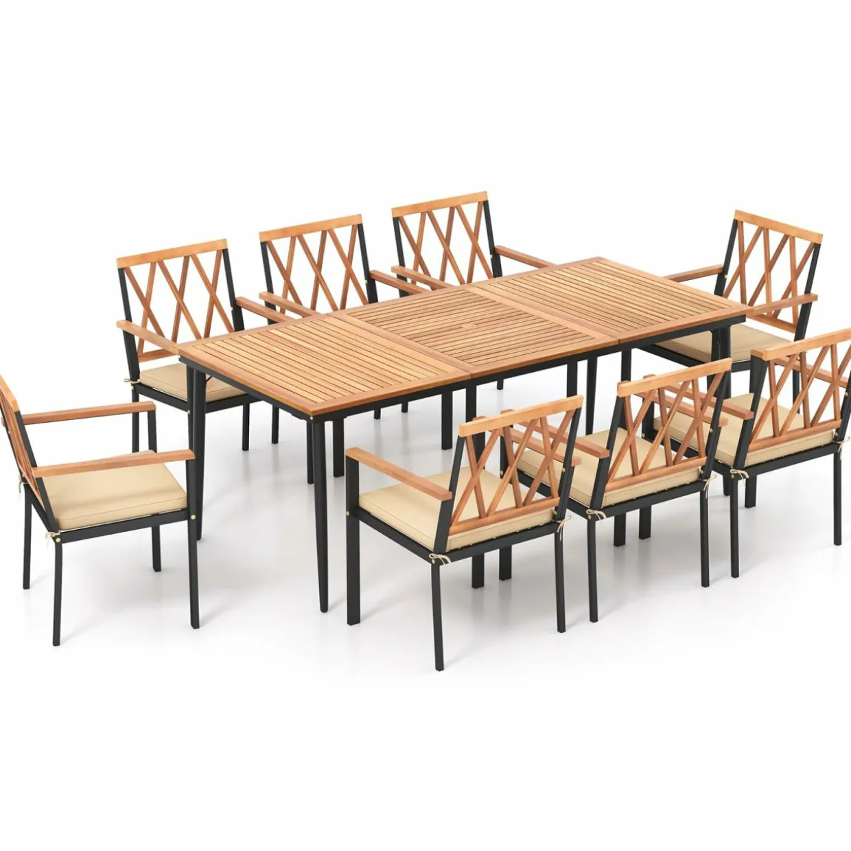 Tangkula 9-Piece Patio Dining Set, Outdoor Acacia Wood Dining Table with 1.9" Umbrella Hole& 8 Dining Chairs with Cross Hollow Back and Seat Cushions