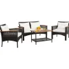 Tangkula 4-Piece Patio Furniture Set, Patiojoy Acacia Wood Outdoor PE Wicker Conversation Set with Cushions (Off White)
