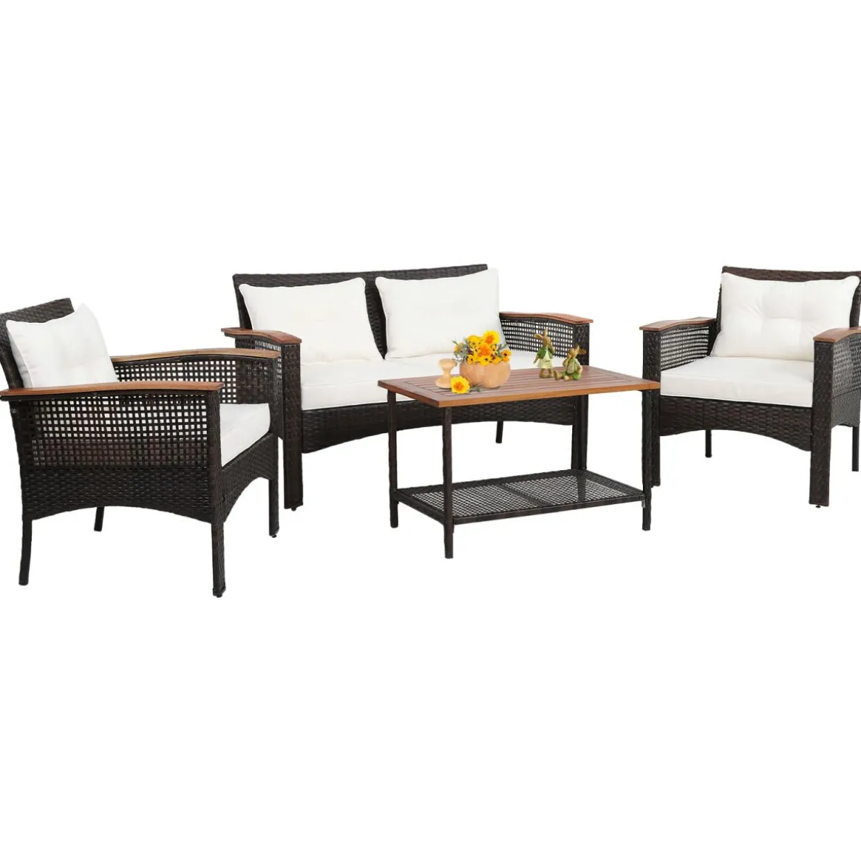 Tangkula 4-Piece Patio Furniture Set, Patiojoy Acacia Wood Outdoor PE Wicker Conversation Set with Cushions (Off White)