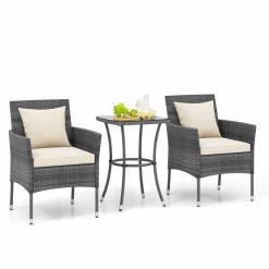 Tangkula 3-Piece Patio Furniture Set w/A Tempered Glass Table & 2 Cushioned Chairs