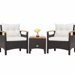 Tangkula 3-Piece Patio Furniture Set, Patiojoy Outdoor Rattan Sofa Set with Coffee Table, Patio Conversation Set with Removable Cushion