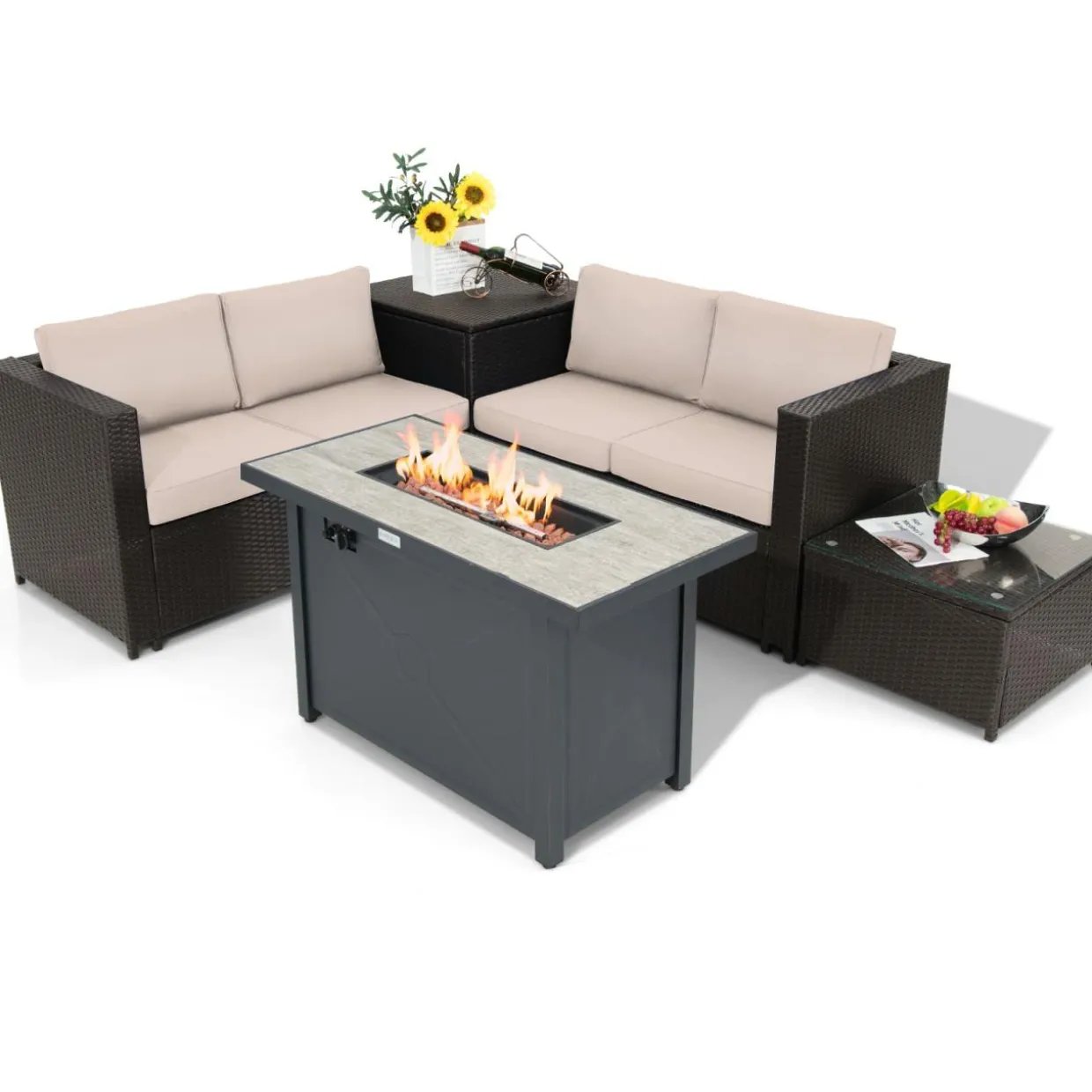 Tangkula 5-Piece Patio Furniture Set with 42 Inches Propane Fire Pit Table, Outdoor Wicker Conversation Set with Cushions