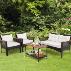 Tangkula 4-Piece Patio Furniture Set, Patiojoy Acacia Wood Outdoor PE Wicker Conversation Set with Cushions (Off White)