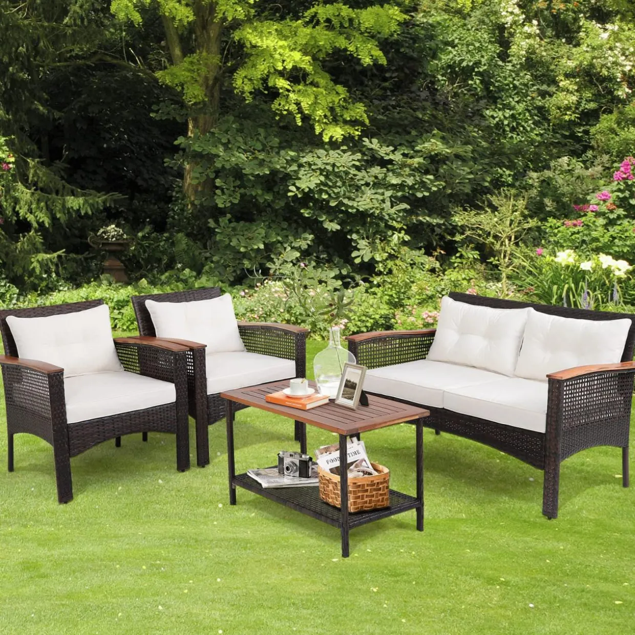 Tangkula 4-Piece Patio Furniture Set, Patiojoy Acacia Wood Outdoor PE Wicker Conversation Set with Cushions (Off White)