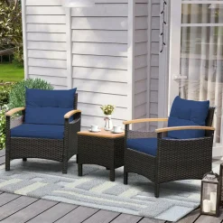 Tangkula 3-Piece Patio Furniture Set, Patiojoy Outdoor Rattan Sofa Set with Coffee Table, Patio Conversation Set with Removable Cushion