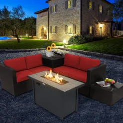 Tangkula 5-Piece Patio Furniture Set with 42 Inches Propane Fire Pit Table, Outdoor Wicker Conversation Set with Cushions