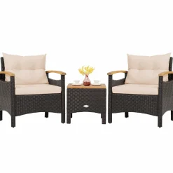 Tangkula 3-Piece Patio Furniture Set, Patiojoy Outdoor Rattan Sofa Set with Coffee Table, Patio Conversation Set with Removable Cushion