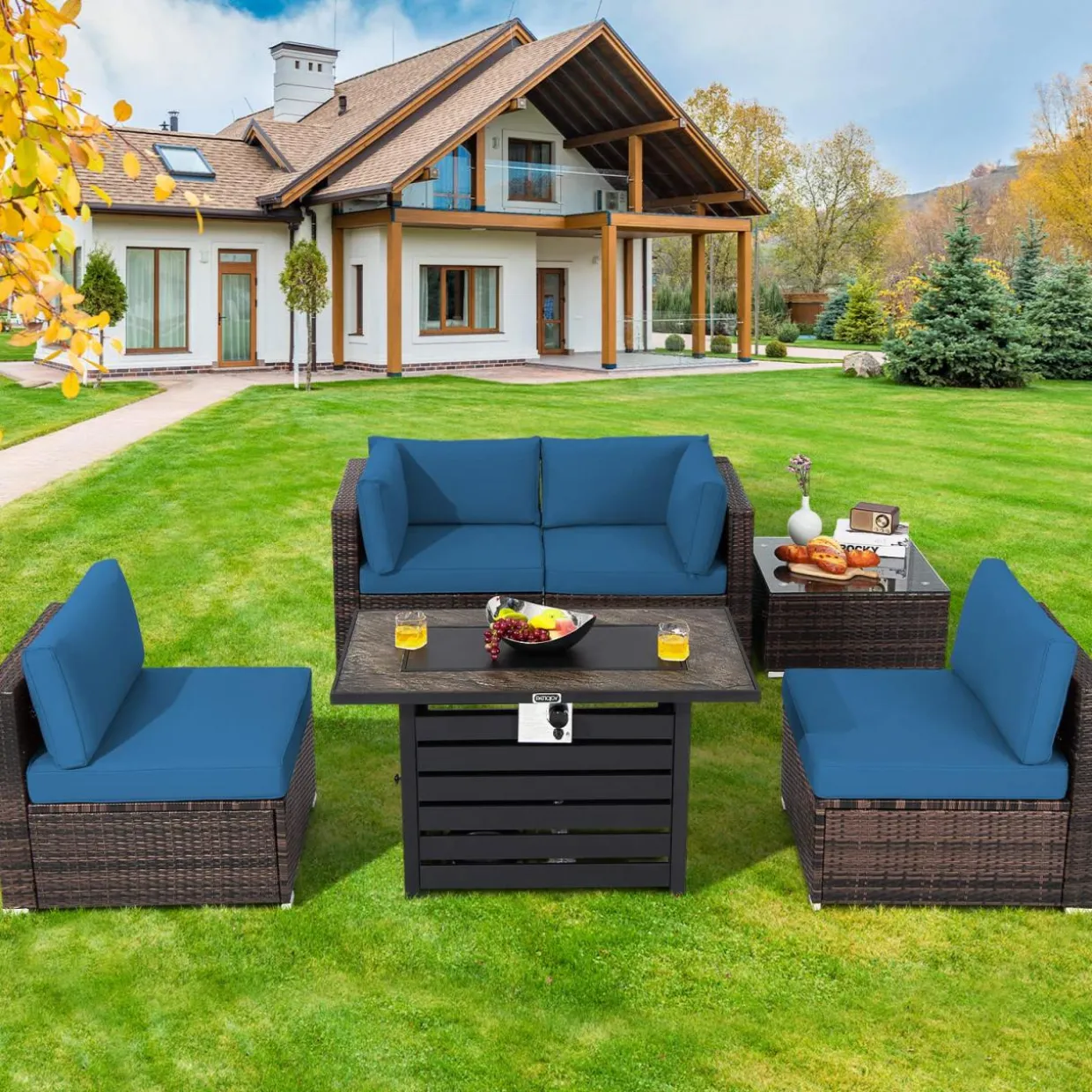 Tangkula 6-Piece Patio Furniture Set with 42 Inches Propane Fire Pit Table