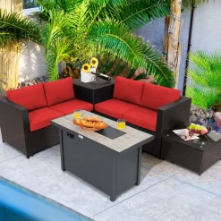 Tangkula 5-Piece Patio Furniture Set with 42 Inches Propane Fire Pit Table, Outdoor Wicker Conversation Set with Cushions
