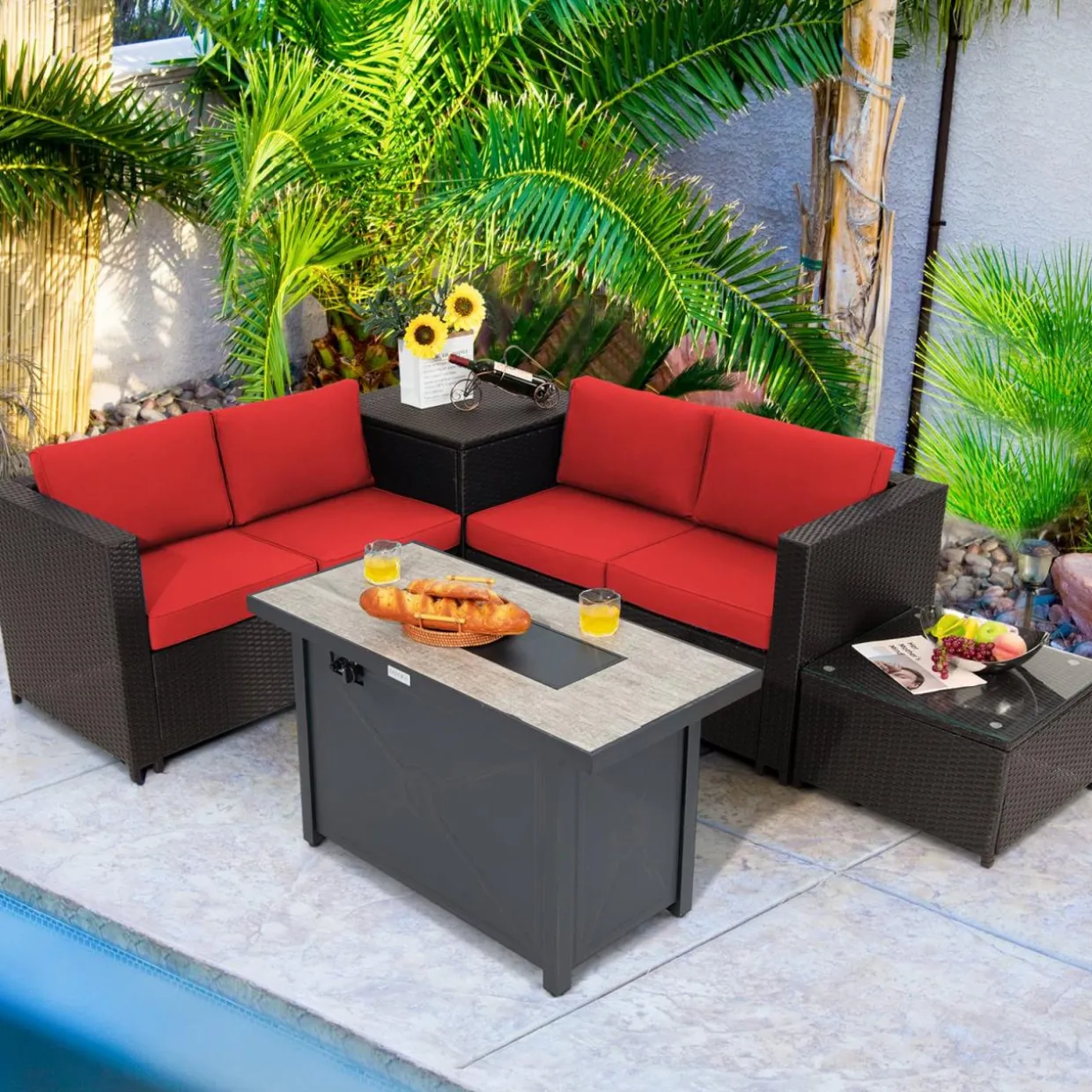 Tangkula 5-Piece Patio Furniture Set with 42 Inches Propane Fire Pit Table, Outdoor Wicker Conversation Set with Cushions