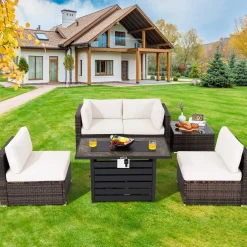 Tangkula 6-Piece Patio Furniture Set with 42 Inches Propane Fire Pit Table