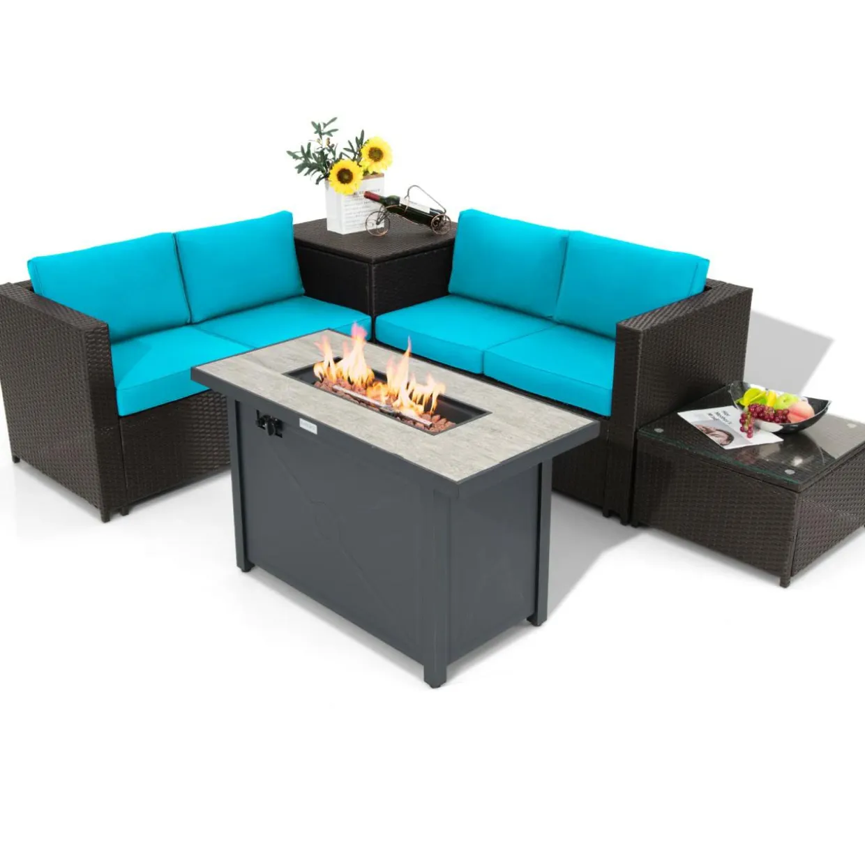 Tangkula 5-Piece Patio Furniture Set with 42 Inches Propane Fire Pit Table, Outdoor Wicker Conversation Set with Cushions