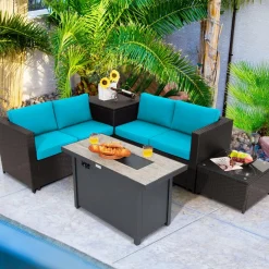 Tangkula 5-Piece Patio Furniture Set with 42 Inches Propane Fire Pit Table, Outdoor Wicker Conversation Set with Cushions