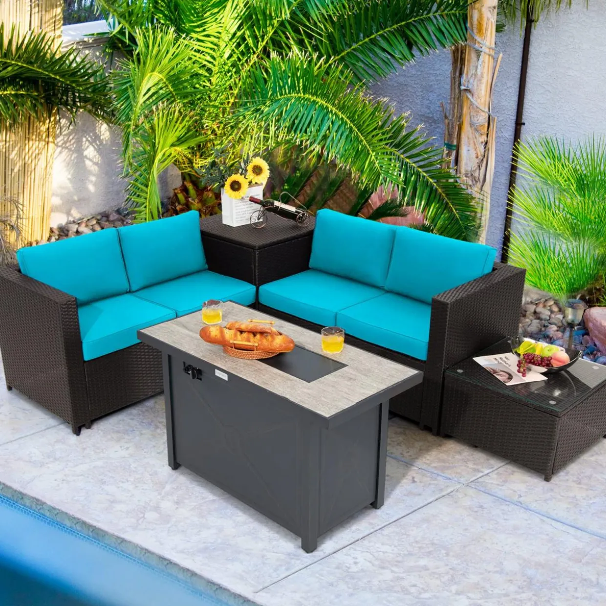 Tangkula 5-Piece Patio Furniture Set with 42 Inches Propane Fire Pit Table, Outdoor Wicker Conversation Set with Cushions