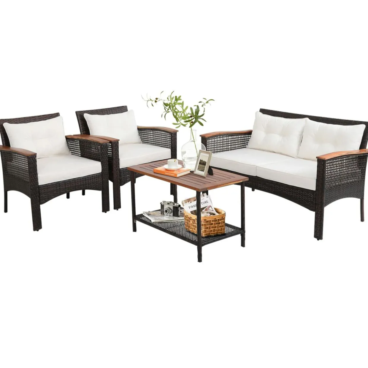 Tangkula 4-Piece Patio Furniture Set, Patiojoy Acacia Wood Outdoor PE Wicker Conversation Set with Cushions (Off White)