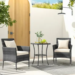 Tangkula 3-Piece Patio Furniture Set w/A Tempered Glass Table & 2 Cushioned Chairs