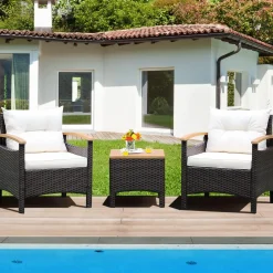 Tangkula 3-Piece Patio Furniture Set, Patiojoy Outdoor Rattan Sofa Set with Coffee Table, Patio Conversation Set with Removable Cushion