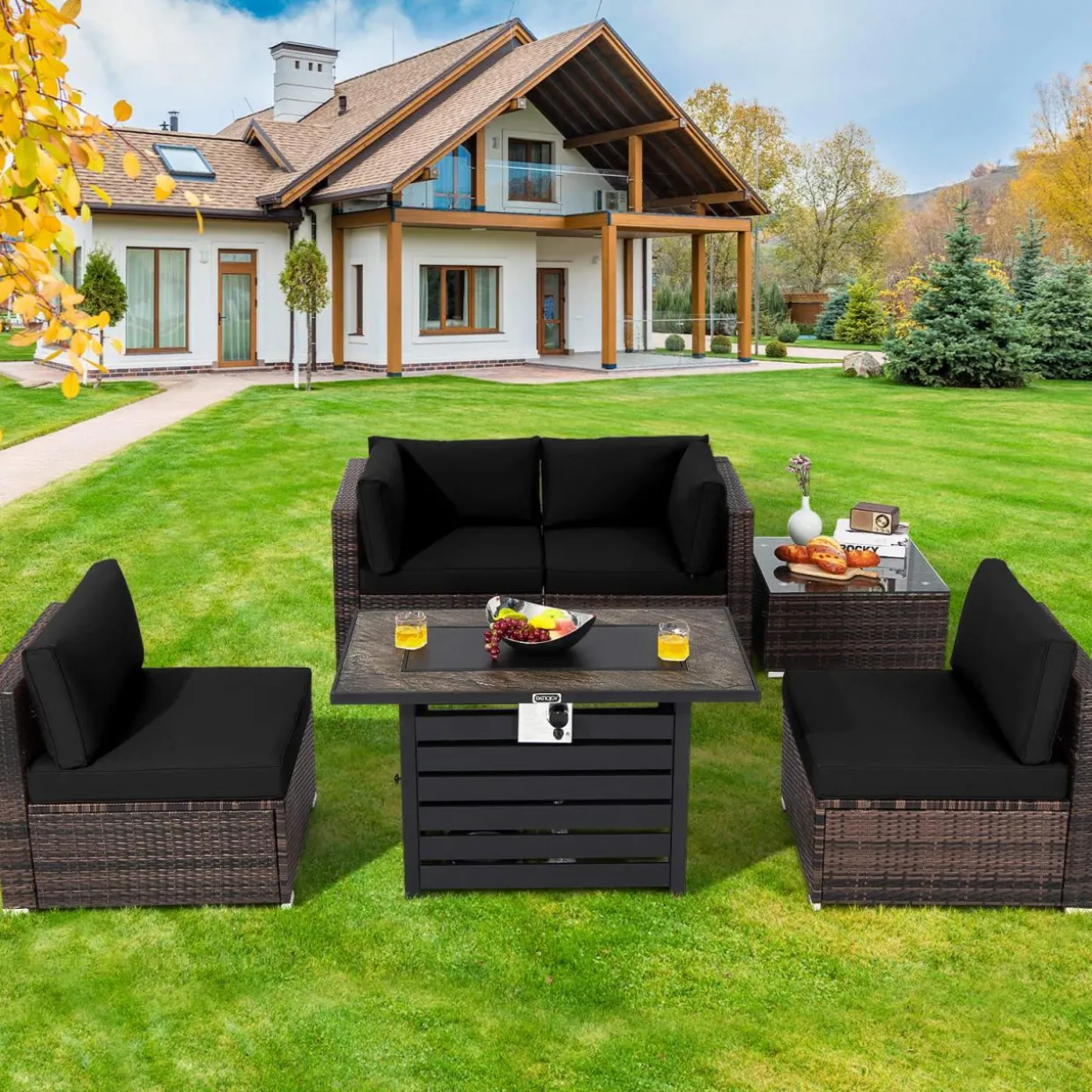 Tangkula 6-Piece Patio Furniture Set with 42 Inches Propane Fire Pit Table