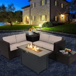 Tangkula 5-Piece Patio Furniture Set with 42 Inches Propane Fire Pit Table, Outdoor Wicker Conversation Set with Cushions