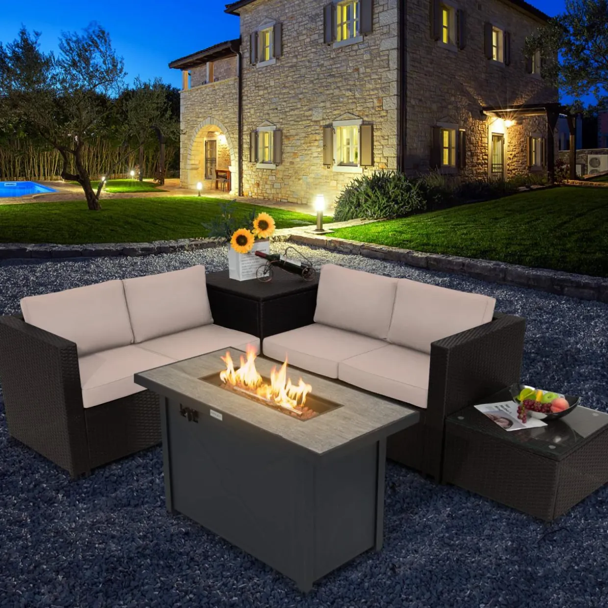 Tangkula 5-Piece Patio Furniture Set with 42 Inches Propane Fire Pit Table, Outdoor Wicker Conversation Set with Cushions