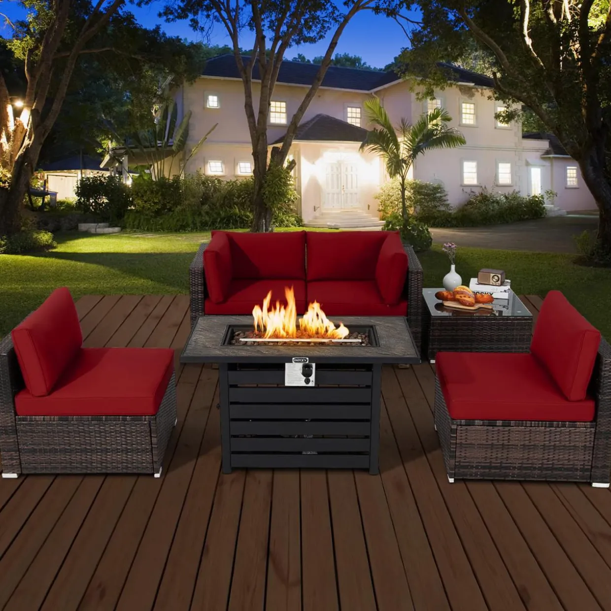 Tangkula 6-Piece Patio Furniture Set with 42 Inches Propane Fire Pit Table