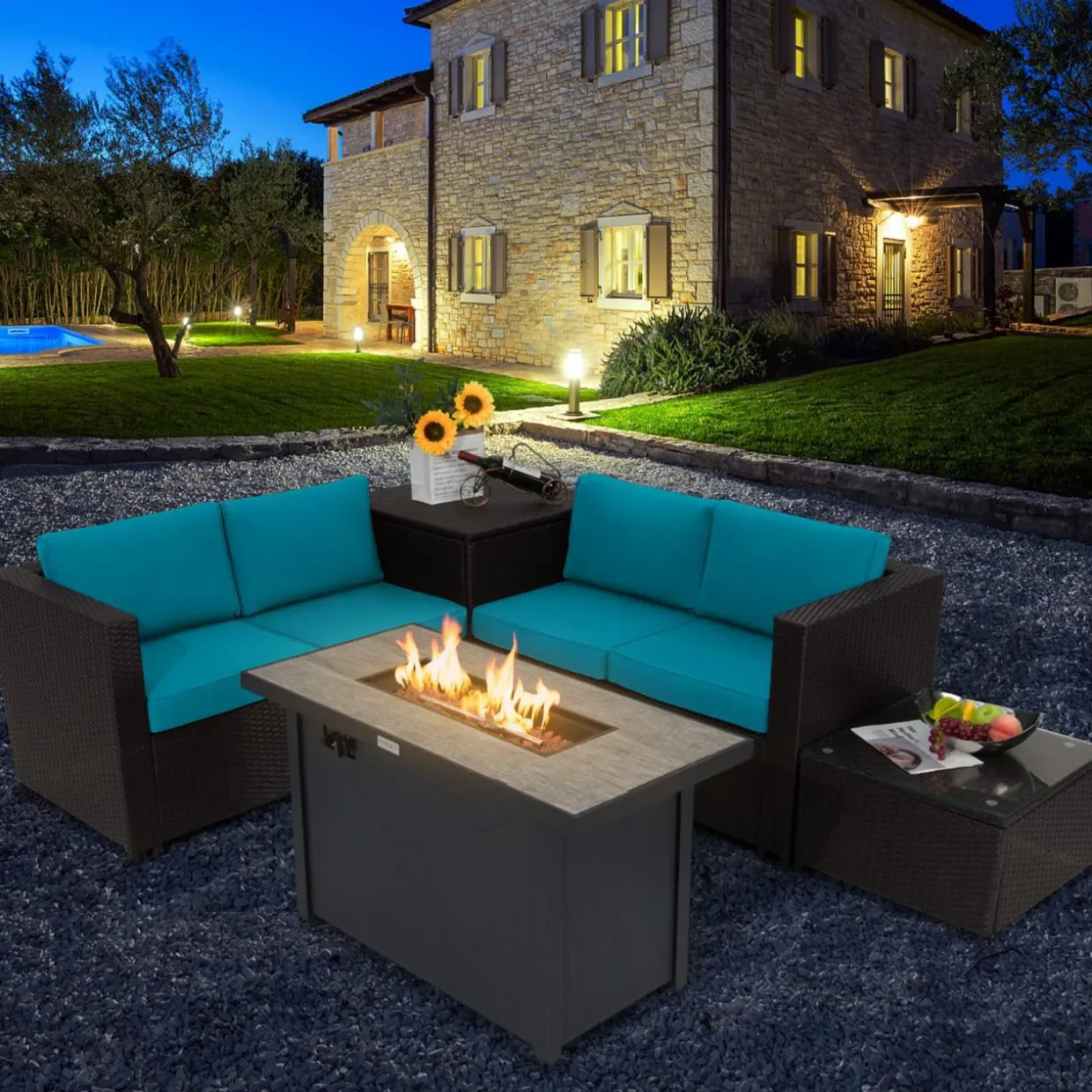 Tangkula 5-Piece Patio Furniture Set with 42 Inches Propane Fire Pit Table, Outdoor Wicker Conversation Set with Cushions