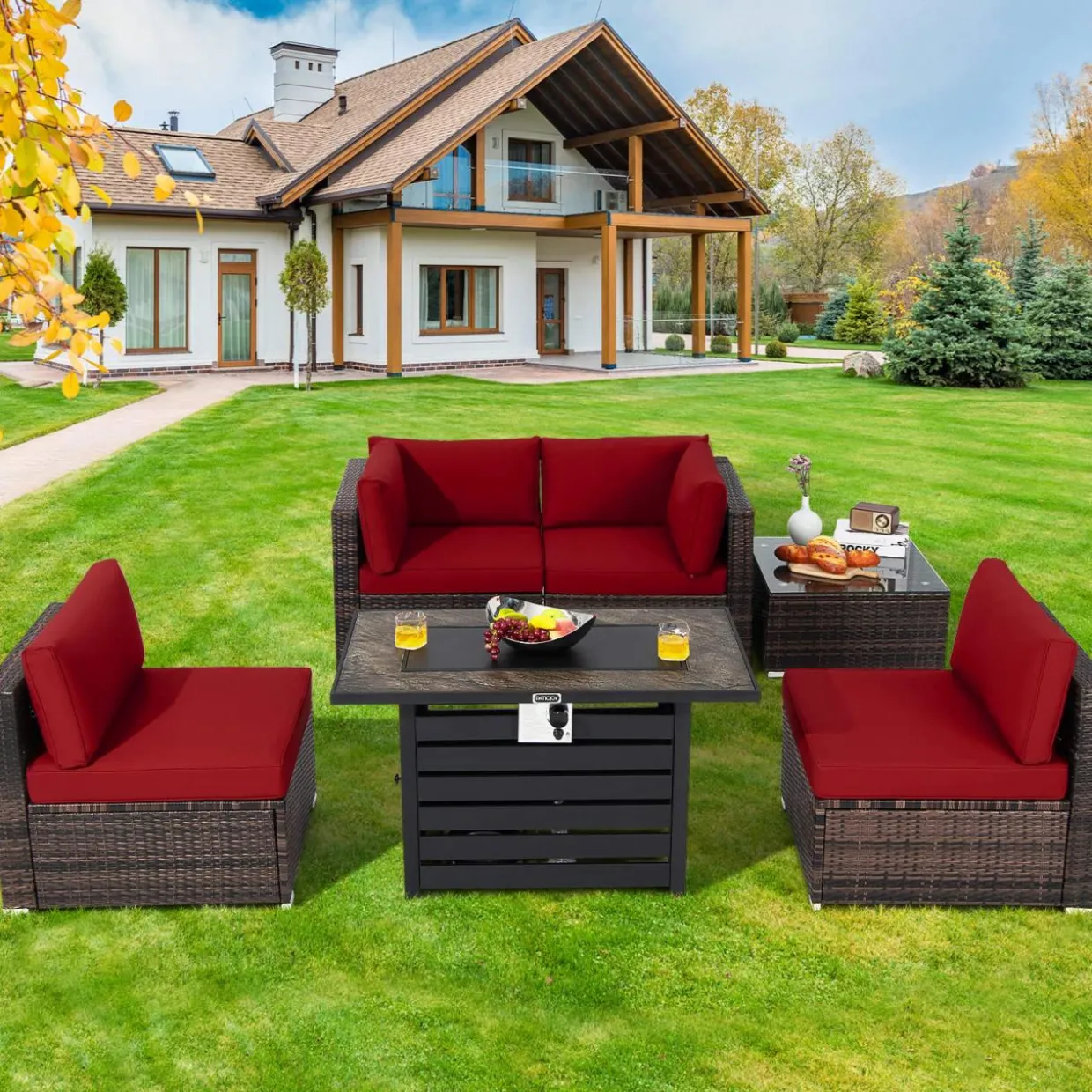 Tangkula 6-Piece Patio Furniture Set with 42 Inches Propane Fire Pit Table