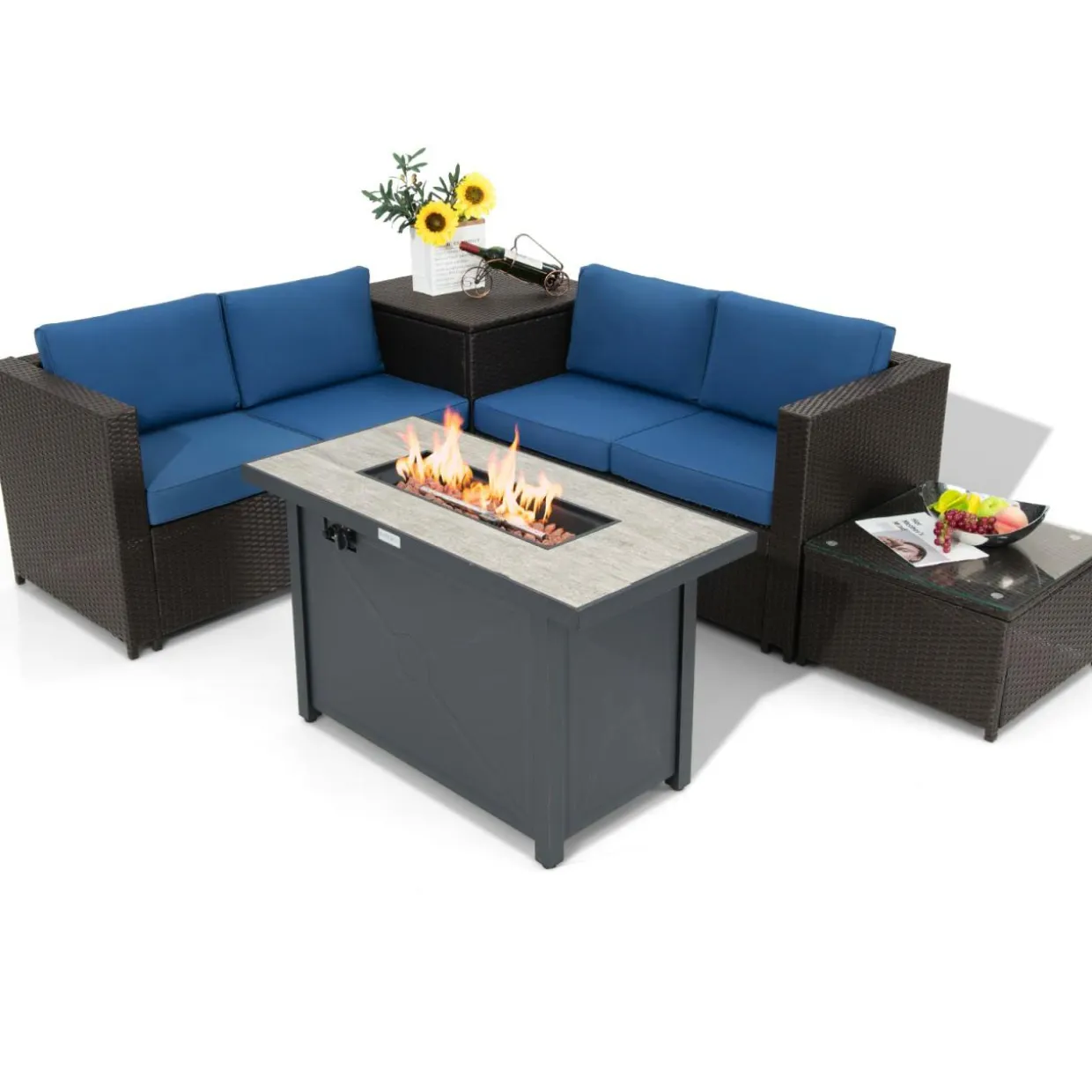 Tangkula 5-Piece Patio Furniture Set with 42 Inches Propane Fire Pit Table, Outdoor Wicker Conversation Set with Cushions
