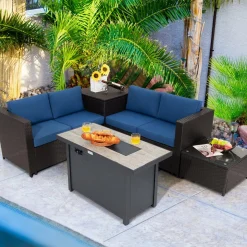 Tangkula 5-Piece Patio Furniture Set with 42 Inches Propane Fire Pit Table, Outdoor Wicker Conversation Set with Cushions