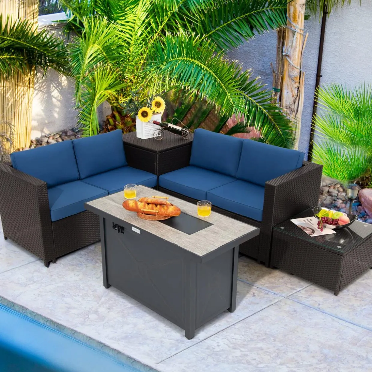Tangkula 5-Piece Patio Furniture Set with 42 Inches Propane Fire Pit Table, Outdoor Wicker Conversation Set with Cushions