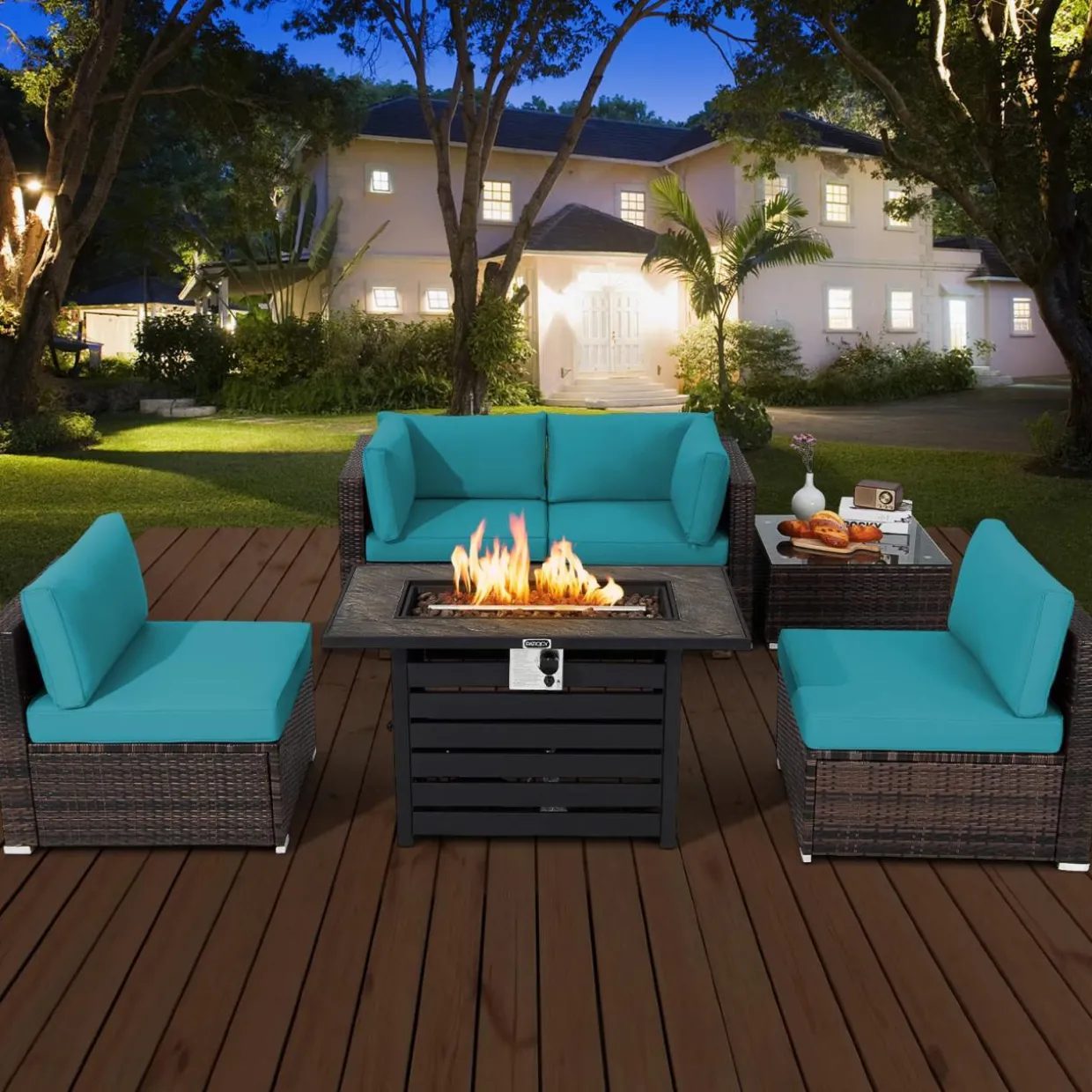 Tangkula 6-Piece Patio Furniture Set with 42 Inches Propane Fire Pit Table