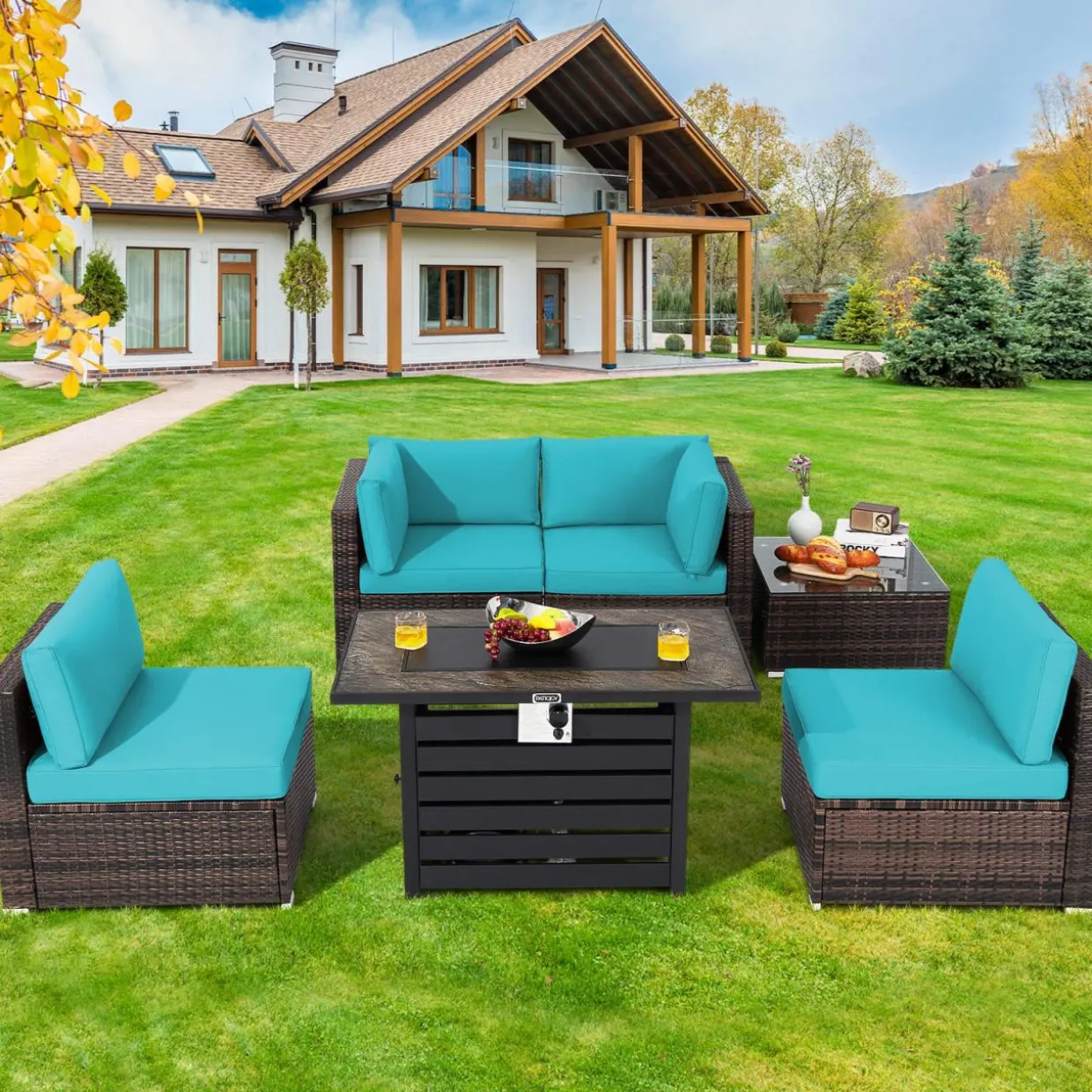 Tangkula 6-Piece Patio Furniture Set with 42 Inches Propane Fire Pit Table