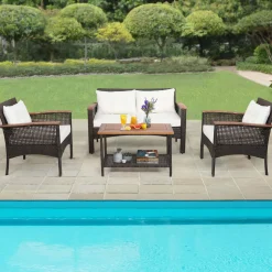 Tangkula 4-Piece Patio Furniture Set, Patiojoy Acacia Wood Outdoor PE Wicker Conversation Set with Cushions (Off White)