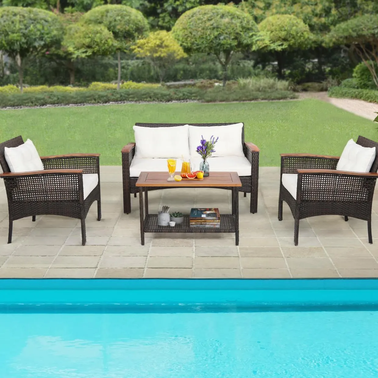 Tangkula 4-Piece Patio Furniture Set, Patiojoy Acacia Wood Outdoor PE Wicker Conversation Set with Cushions (Off White)