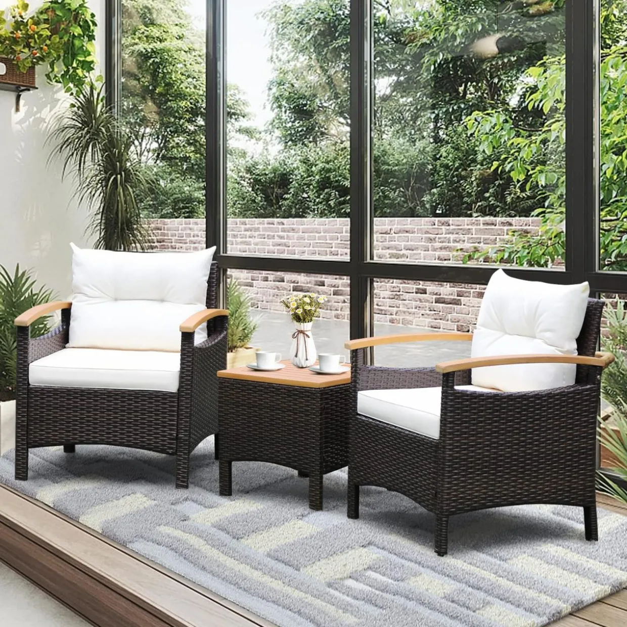 Tangkula 3-Piece Patio Furniture Set, Patiojoy Outdoor Rattan Sofa Set with Coffee Table, Patio Conversation Set with Removable Cushion