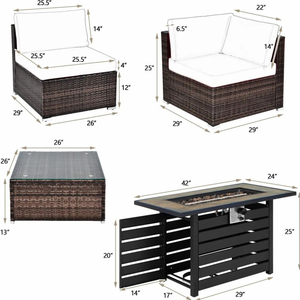 Tangkula 6-Piece Patio Furniture Set with 42 Inches Propane Fire Pit Table