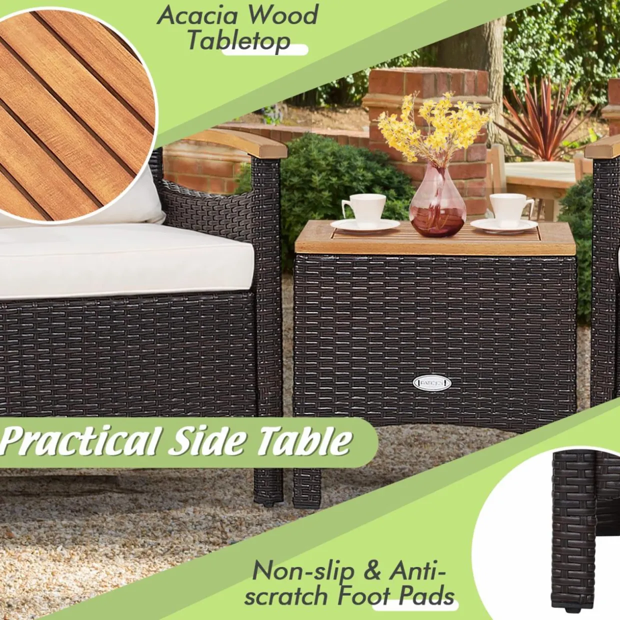 Tangkula 3-Piece Patio Furniture Set, Patiojoy Outdoor Rattan Sofa Set with Coffee Table, Patio Conversation Set with Removable Cushion