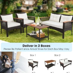 Tangkula 4-Piece Patio Furniture Set, Patiojoy Acacia Wood Outdoor PE Wicker Conversation Set with Cushions (Off White)