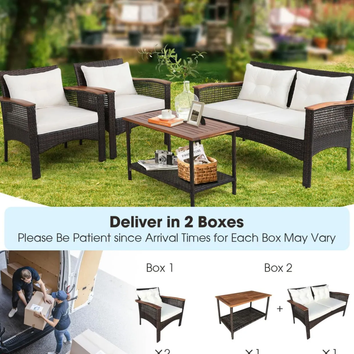 Tangkula 4-Piece Patio Furniture Set, Patiojoy Acacia Wood Outdoor PE Wicker Conversation Set with Cushions (Off White)