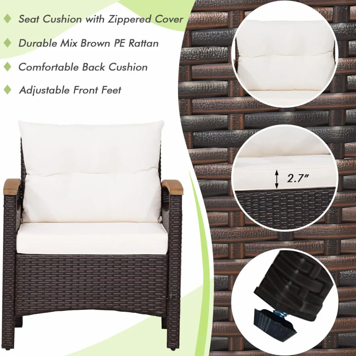 Tangkula 3-Piece Patio Furniture Set, Patiojoy Outdoor Rattan Sofa Set with Coffee Table, Patio Conversation Set with Removable Cushion