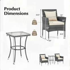 Tangkula 3-Piece Patio Furniture Set w/A Tempered Glass Table & 2 Cushioned Chairs