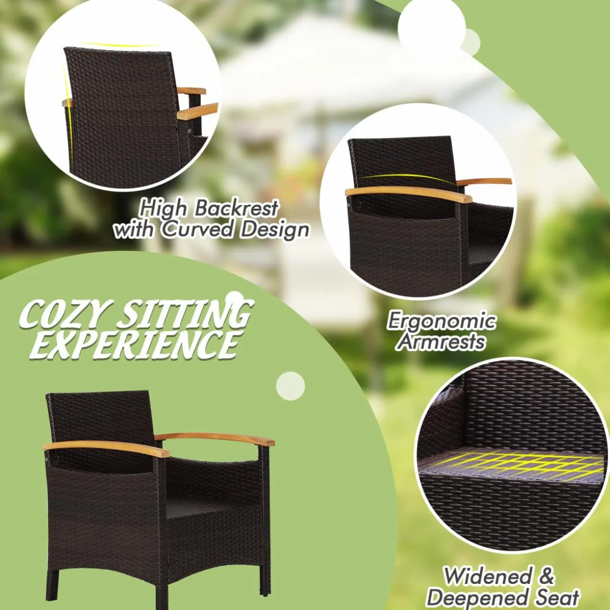 Tangkula 3-Piece Patio Furniture Set, Patiojoy Outdoor Rattan Sofa Set with Coffee Table, Patio Conversation Set with Removable Cushion
