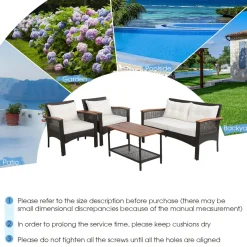 Tangkula 4-Piece Patio Furniture Set, Patiojoy Acacia Wood Outdoor PE Wicker Conversation Set with Cushions (Off White)